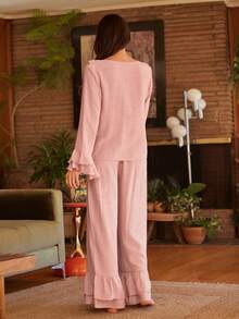 Lullawish Bohemian Style Loose Fit INS Pink Ruffle Design Pullover Women Pajama Set Ruffle Pajama Set Pink Lounge Set Knit Pajama Set Sleep Wear Women 2 Piece Set Women Lounge Wear Sets - Pink - View 2
