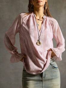 SoleilVie 女士复古佩斯利蕾丝边薄纱衬衫，秋冬衬衫，粉色衬衫 - 淺粉色 - 查看 4