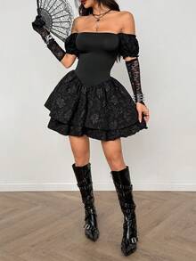 Coolane Women's All-Season Concert Outfit Rave Outfit Going Out Rave Outfit Renaissance Fair Club Outfits Party Date Night Goth Y2K Flower Lace Off The Shoulder Long Sleeve Dress - Black - View 4