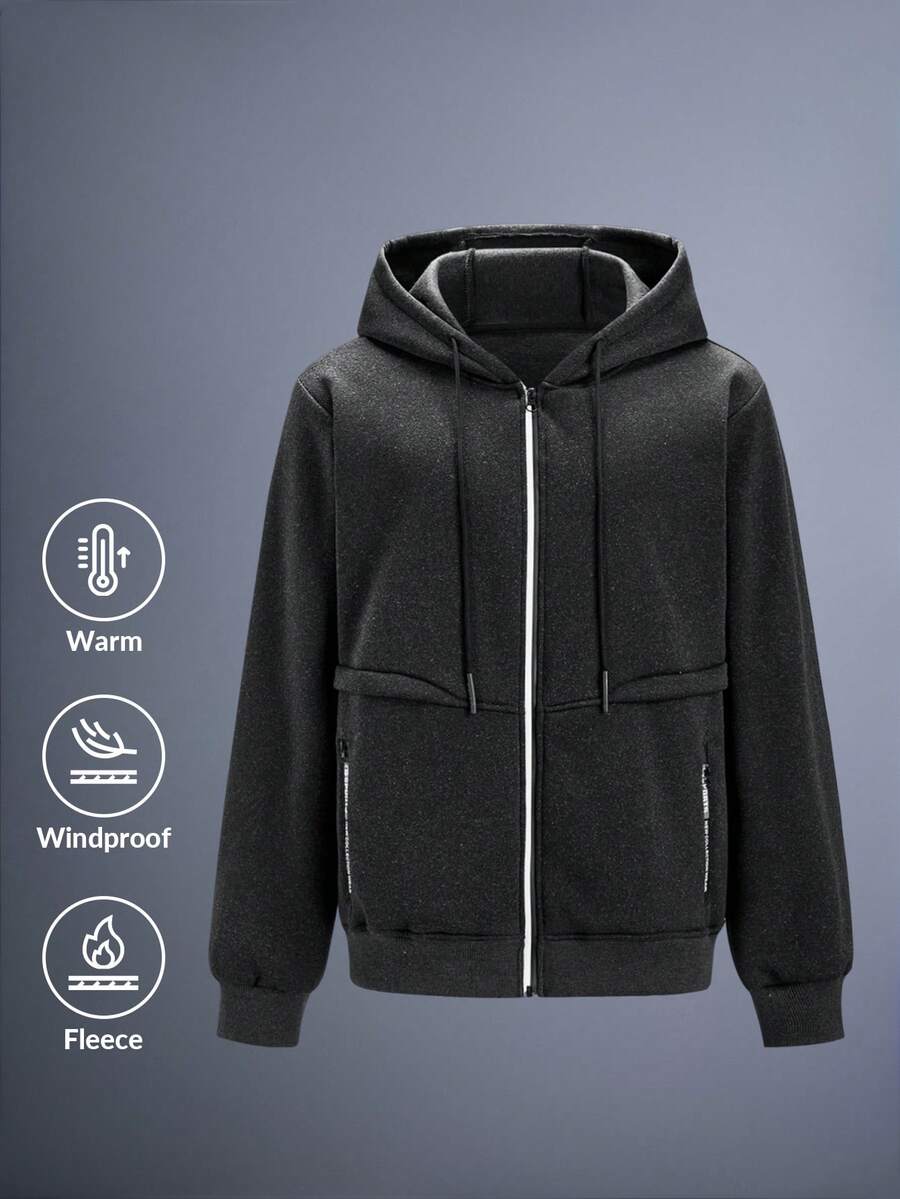 Driftmere 1pc Men's Sherpa Lined Zipper Hoodie Jacket, Thick Casual Knitted Jacket , Fall Winter, Fleece-Lined Jacket - Black - View 1
