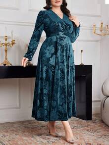 Modelyn 大码女式花卉提花V领泡泡袖优雅连衣裙长款晚礼服 - 綠色 - 查看 3