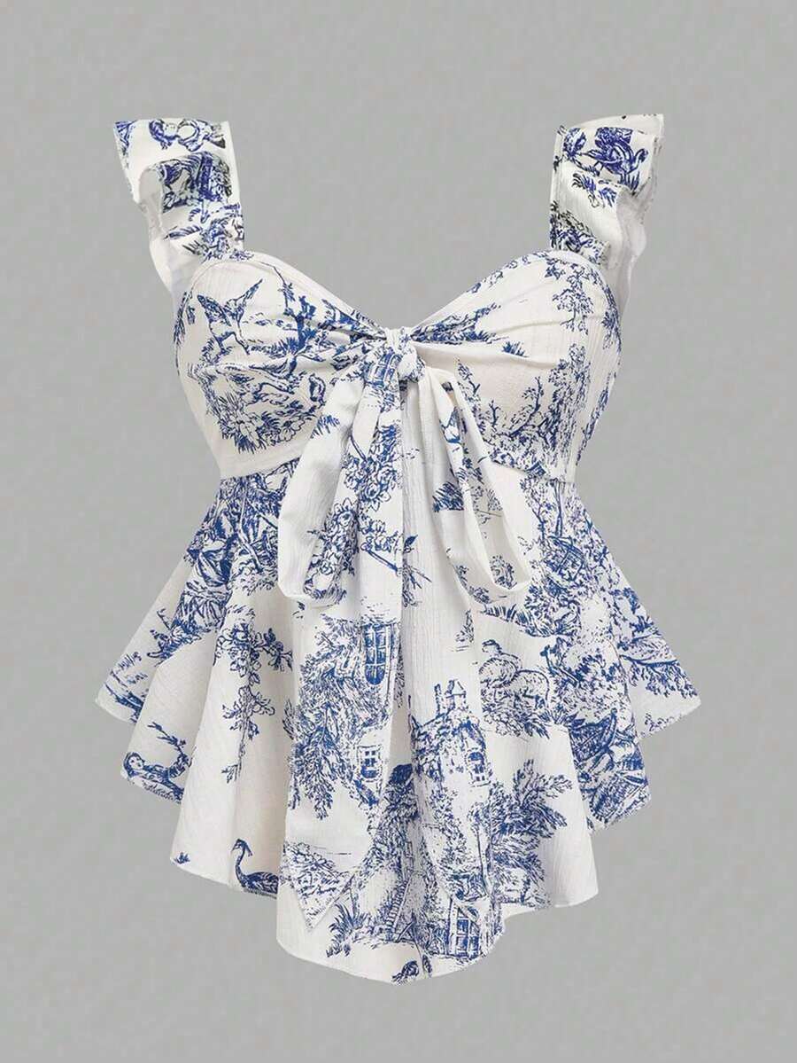 INAWLY 夏季新款纹理印花修身荷叶边吊带背心，系带蝴蝶结装饰女士吊带背心，适合度假、情人节、日常穿着 - 彩色 - 查看 1