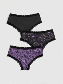 ROMWE 3pcs Women Gothic Floral, Insect, Sun & Moon Print Triangle Panty Set - Multicolor - View 2