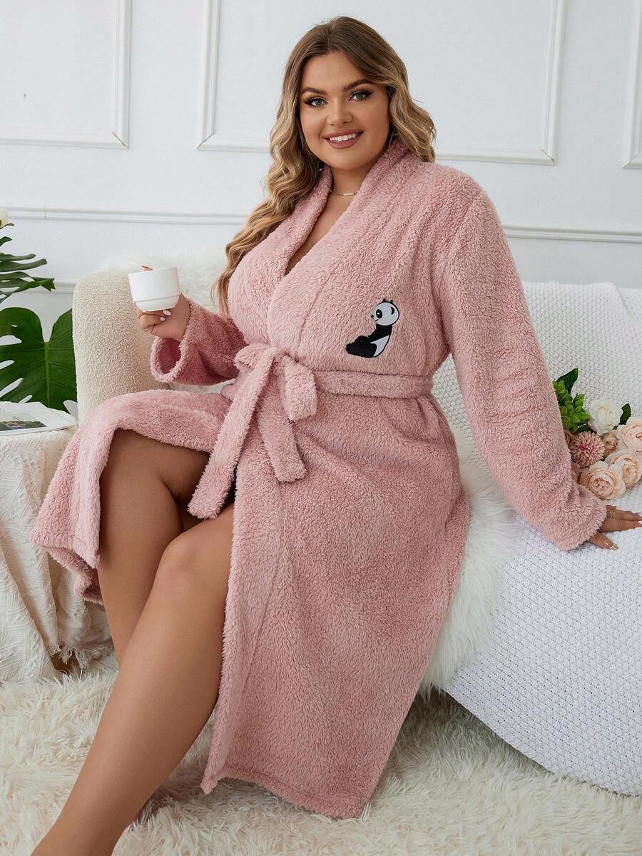 Plus Cartoon Embroidery Belted Teddy Robe , Cozy And Elegant Details, For Fall Winter Outfit, Fluffy