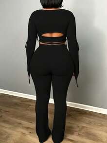 BamGleam 女士针织长裤，高腰微喇叭粉色修身性感度假旅行休闲派对服装，适合春、秋、夏、冬四季穿着。 - 黑色 - 查看 2