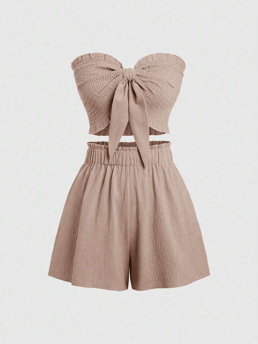 Sweetra Women's Vacation Solid Color Ruffled Bandeau Top And Shorts Set With Front Knot For New Year Clothes - Khaki - View 1