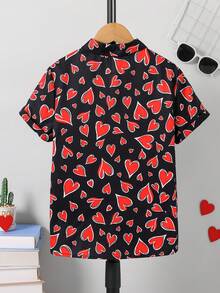 Boys' Gentleman Black Casual Street Heart Print Slim Fit Turndown Collar Button-Up Short Sleeve Shirt - Black - View 2