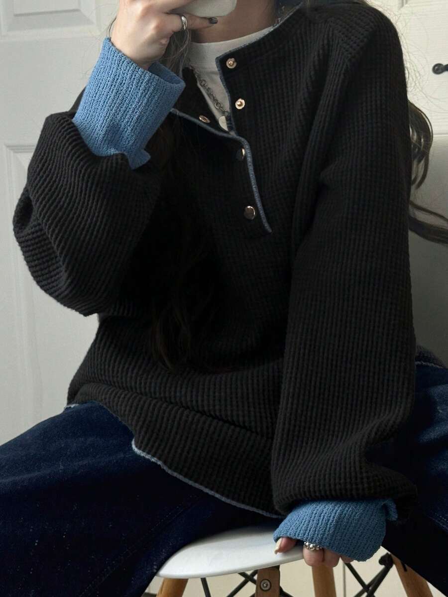 FRIFUL 女士纽扣半开襟撞色长袖休闲宽松T恤 - 黑色 - 查看 1