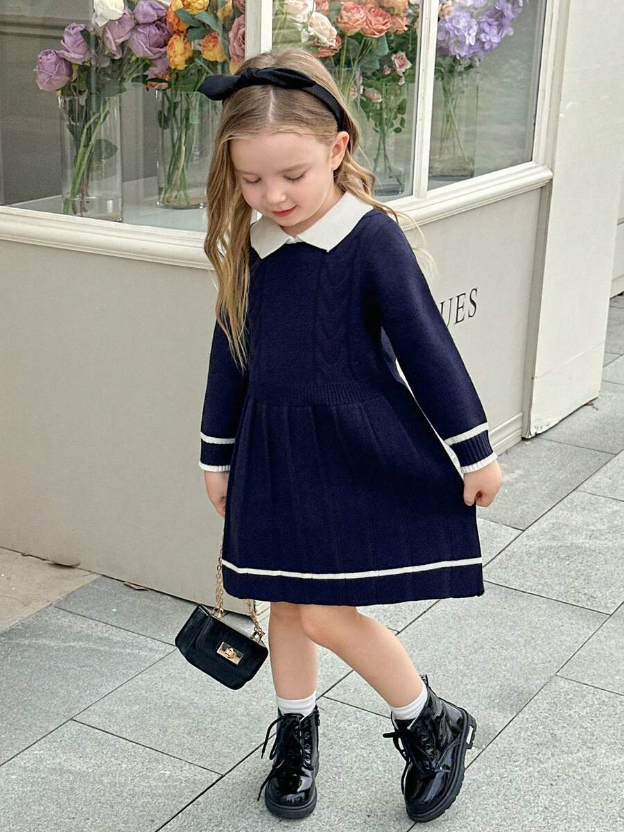 Elladie kids 女童藏蓝色针织连衣裙,学院风,藏青色和白色撞色设计,适合多种场合——居家、外出、上学、秋冬季。 - 寶藍色 - 查看 1