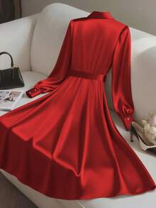 Franclia Đầm midi thắt nơ cổ chữ V sâu thanh lịch dành cho nữ - Đỏ - Xem 2