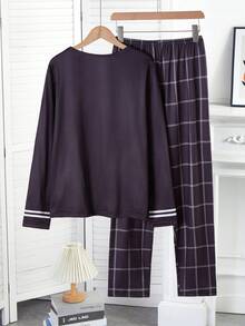 2pcs/Set Teenage Boys' Grey Tiger Print Long Sleeve Top And Pants Casual Loungewear Set - Black - View 2