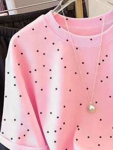 Resyla Plus Size Women's Polka Dot Print Round Neck Short Sleeve Casual Versatile T-Shirt - Pink - View 3