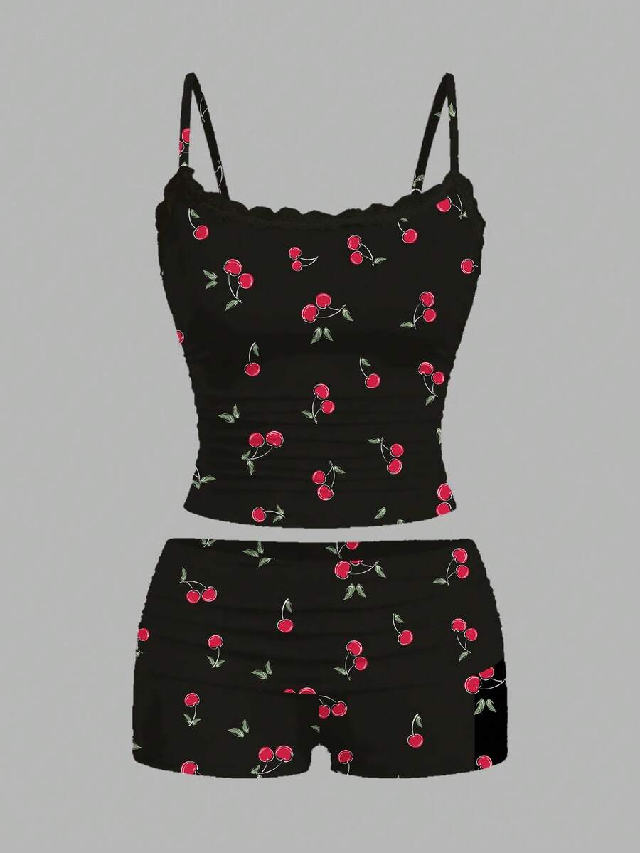 SHEIN Essnce 两件套女士蕾丝吊带背心和褶皱短裤，适合夏季穿着 - 黑色 - 查看 1