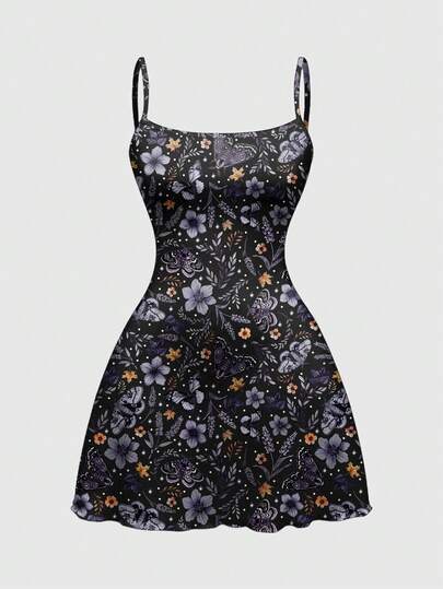 Fairycore Damen Große Größen Sommer Urlaub Floral Pflanzen Schmetterling Sonne Mond Stern Blatt Allover-Muster Sexy dehnbares Trägerkleid