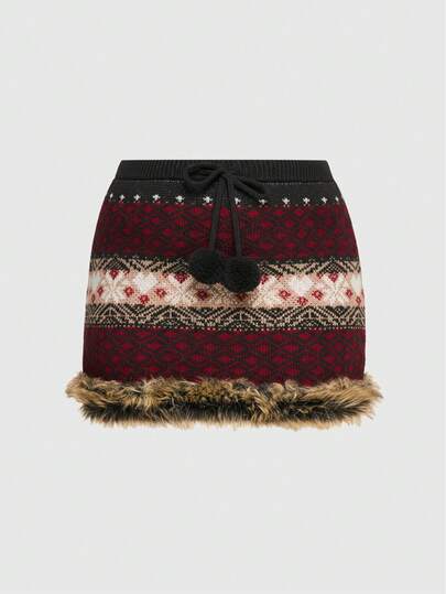 ROMWE Avant Plus Size Y2K Snowfield Fair Isle Jacquard Low Waist Women Sweater Skirt, Autumn/Winter