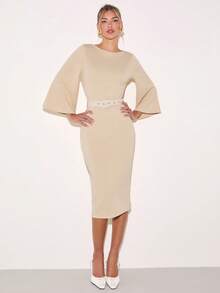 COSMINA Women's Elegant Mid-Length Sleeve Waist Cinched Mid-Calf Dress, Versatile For Work And Commute, All Season,  Classy Dresses For Women Elegant Classic,  Dress For Ladies Special Occasion,  Womens Dress Formal Wear,  Dresses With Sleeve , Best Selling Dresses - Apricot - View 1