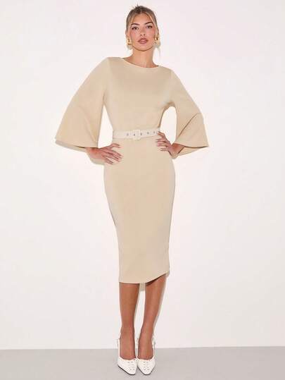 COSMINA Women's Elegant Mid-Length Sleeve Waist Cinched Mid-Calf Dress, Versatile For Work And Commute, All Season