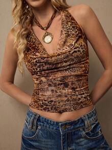 Freevana Áo hai dây cổ xếp ly phía trước họa tiết da báo thoải mái, thích hợp mặc khi đi dạo phố, đi làm, thường ngày, hẹn hò, tụ tập bạn bè, đi nghỉ ở Ý và nhiều dịp khác nhau - màu nâu - Xem 6