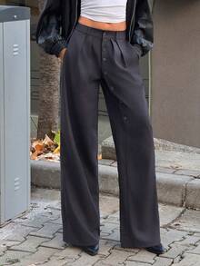 SHEIN TRNDY 女士宽松休闲纽扣长裤，垂坠感舒适，适合秋冬季穿着 - 深灰色 - 查看 5