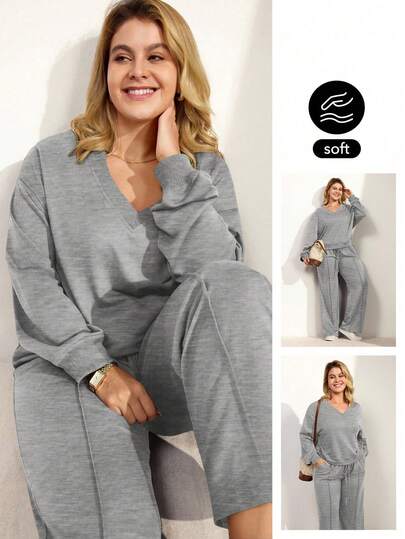 Momelise Plus Size Women Solid Color Casual Sweatshirt And Pants Set, Autumn/Winter