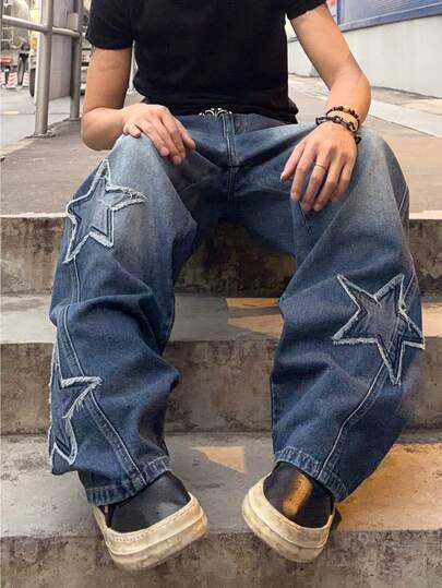 Street Life Jeans in denim con vestibilità ampia e ricamo a stelle per uomo