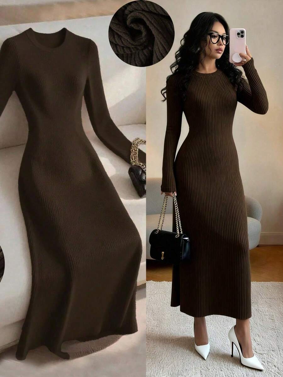 Franclia 女士条纹纹理优雅圆领中长连衣裙 - 深棕色 - 查看 1