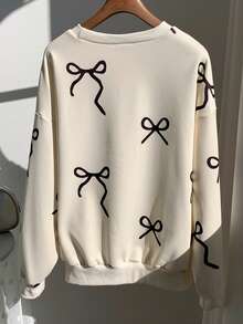 Comfortcana 2025 New Fall/Winter Fashionable Women's Bow Print Simple Daily Crew Neck Long Sleeve Sweatshirt, Long Sleeve Top In Fall/Winter For Women Christmas New Year Casual - Beige - View 2