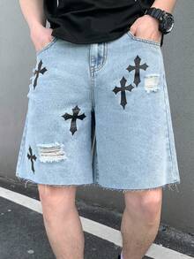 Teen Boys' Cross Pattern Distressed Blue Denim Shorts - Blue - View 5