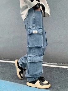 Zikori Little Byeori Quần jeans cargo ống đứng rộng màu đen phong cách Y2K cho bé trai, thích hợp mặc hàng ngày, dự lễ hội âm nhạc mùa xuân hè và dạo phố. - Màu xanh lam - Xem 5
