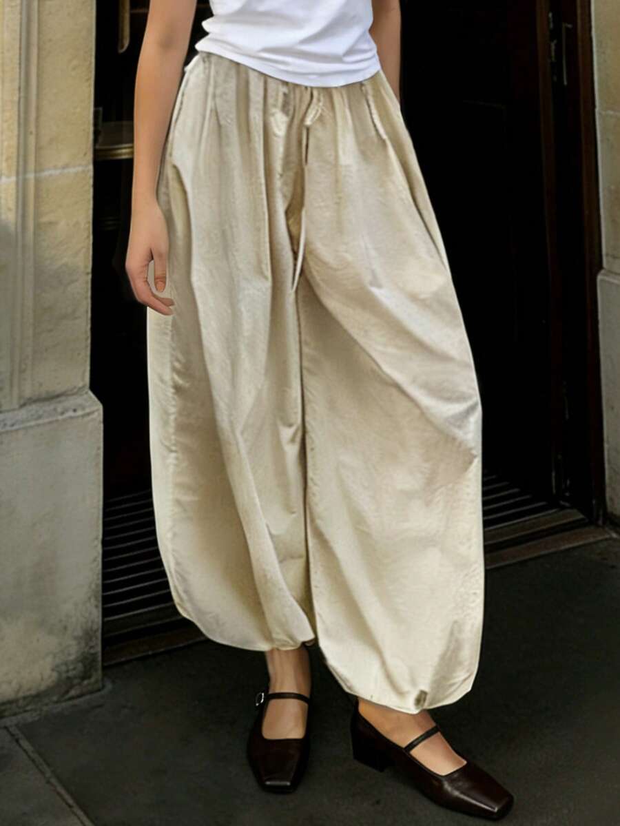 EMERY ROSE 女士休闲抽绳腰宽松纯色慢跑裤，适合日常通勤 - 卡其色 - 查看 1