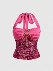 ROMWE Y2K Camiseta de tirantes ajustada con estampado de leopardo, cadena metálica y strass para mujer de talla grande - Rosa Fucsia - Ver 1