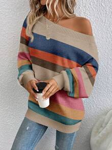 EMERY ROSE Plus Size Women's Colorblock Off-Shoulder Casual Pullover Sweater, Suitable For Parties, Autumn/Winter Spring