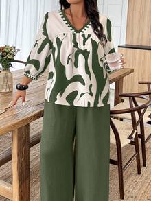 Weeklong 大码女式灯笼袖V领衬衫搭配阔腿裤休闲套装，适合日常、聚会和假日穿着 - 彩色 - 查看 3