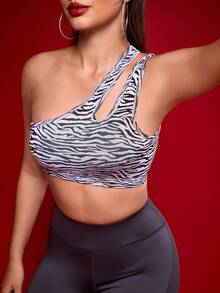 Menodora SHEIN Sport Women's Sleeveless Zebra Print Cutout Shoulder Dance Top - Black and White - View 7