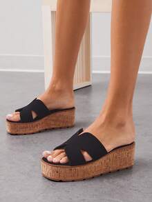 SHUZIA 奢华风格女士镂空方头软木厚底简约黑色拖鞋——永恒、时尚、舒适 - 黑色 - 查看 2