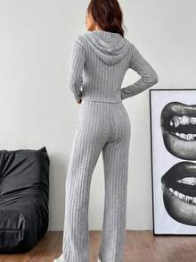 Conjunto cómodo de 2 piezas para mujer tejido a juego - Gris - Ver 3