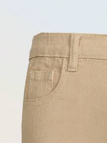 SHEIN ChillGRL Denimly Girls Casual Minimalist Academy Style Washed Denim Elastic Waist Zipper Hem Cropped Jeans - Khaki - View 6