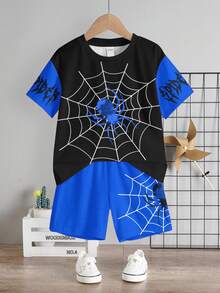 2pcs/Set Young Boy Casual Cartoon Spider Print Round Neck Short Sleeve T-Shirt And Shorts Set, Suitable For Summer - Multicolor - View 3