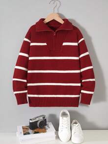 Tween Boys' Fashion Zip-Up V-Neck Pullover Sweater With Contrast Black/White Color-Block Design, Relaxed Fit And Flip Collar, Suitable For Daily Wear, Holiday Gatherings, And Autumn/Winter Seasons