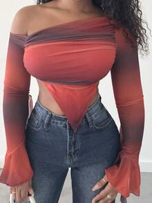 Alexandranx Áo cánh tay dài hở lưng in lưới dệt kim vừa vặn cho nữ - Màu Đỏ Sâu - Xem 3