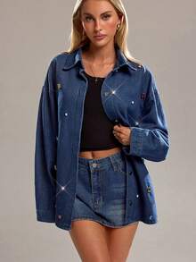 Avantive Women's Fashion Rhinestone Embellished Drop-Shoulder Denim Jacket,Navy Blue Chic Night Out Autumn Casual Y2k Vintage Streetwear Western Wear Blouse - Blue - View 3