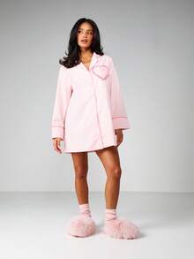 MISSGUIDED Polka Dot Heart Pocket Button Down Nightshirt Sleepwear Long Sleeve Pajama Dress - Pink - View 4