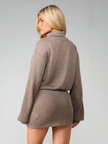 MISSGUIDED Luźna, gruba dzianinowa sukienka mini z golfem, długi rękaw, prążkowana sukienka sweterkowa, zimowa, jesienna, wygodna - Kolor khaki - Zobacz 2