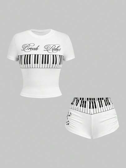 ROMWE Avant Conjunto de 2 piezas de camiseta con estampado de teclas de piano y notas musicales y mini shorts de tiro súper bajo, estilo retro Y2K sexy y versátil para mujer