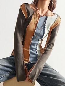 Bohemela 休闲针织弹力撞色圆领长袖女式T恤，纯色针织，百搭领口设计，修身水洗长袖女式T恤，秋季女装 - 彩色 - 查看 4