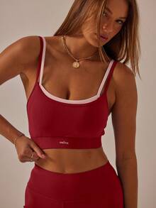 Aralina 双肩带镂空露脐上衣和高腰紧身裤弹力运动套装（女款） - 酒紅色 - 查看 8