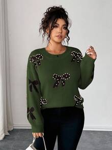 Elenzga 大码女式优雅长袖宽松串珠蝴蝶结针织毛衣，适合外出、度假和夜店穿着，秋冬季 - 軍綠色 - 查看 3