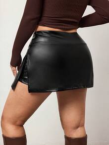 Enliva 大码女式纯色PU皮革短裙裤 - 黑色 - 查看 2