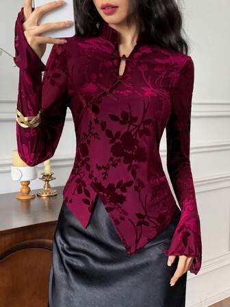 EastFlair Elegant blommig blus med flockade knappar och asymmetrisk fåll för kvinnor, höst