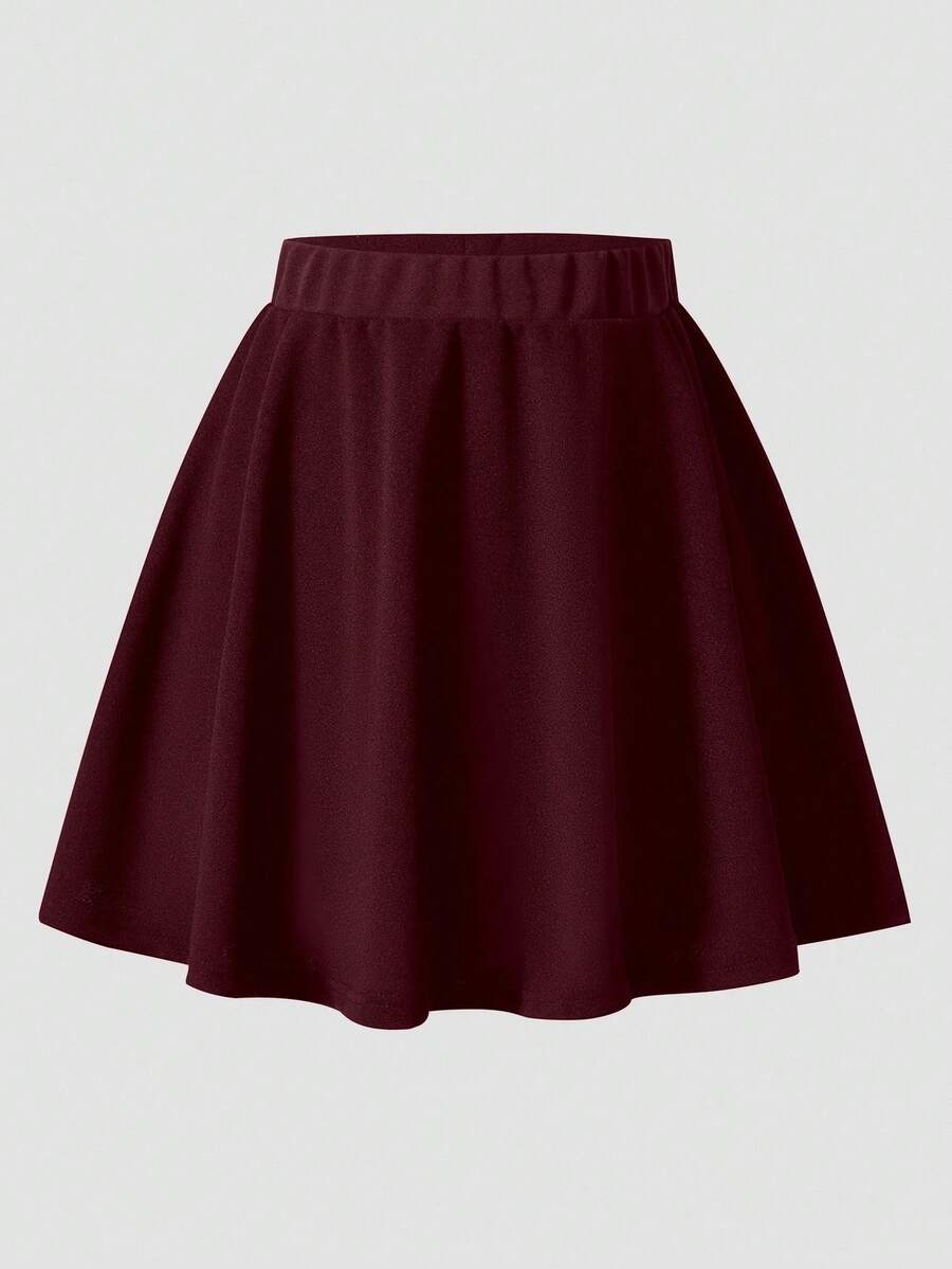 Girls' Casual All-Match Versatile Commuting Ladylike Urban Knit A-Line Ruffle Hem Mini Skirt - Burgundy - View 1